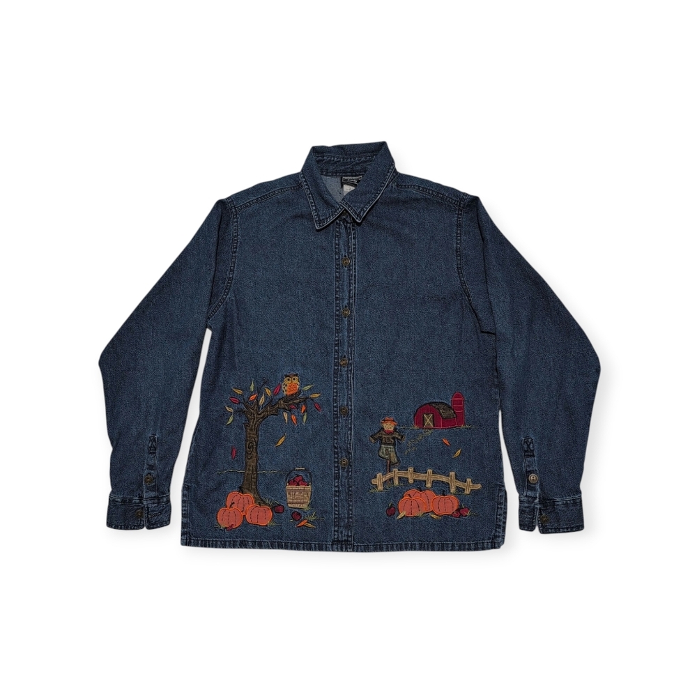 Fall Shirt Women's XL Denim Embroidered Pumpkins Barn Owl Apples Scarecrow